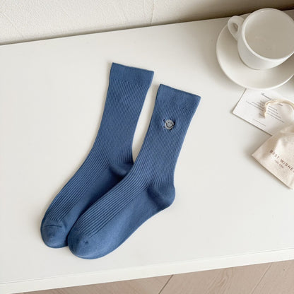 Solid Color Cute Funny Expression Double Needle Embroidered Women's Mid-tube Socks Vertical Combed Cotton Simple Breathable Sweat-absorbent Stockings
