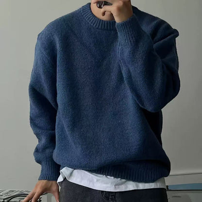 Solid-color dropped-shoulder round-neck knit sweater