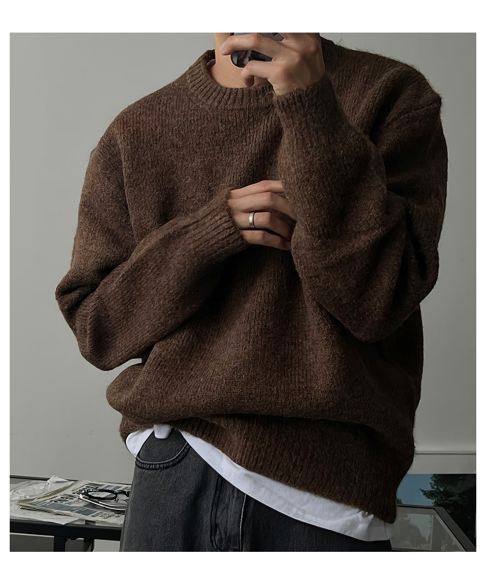 Solid-color dropped-shoulder round-neck knit sweater