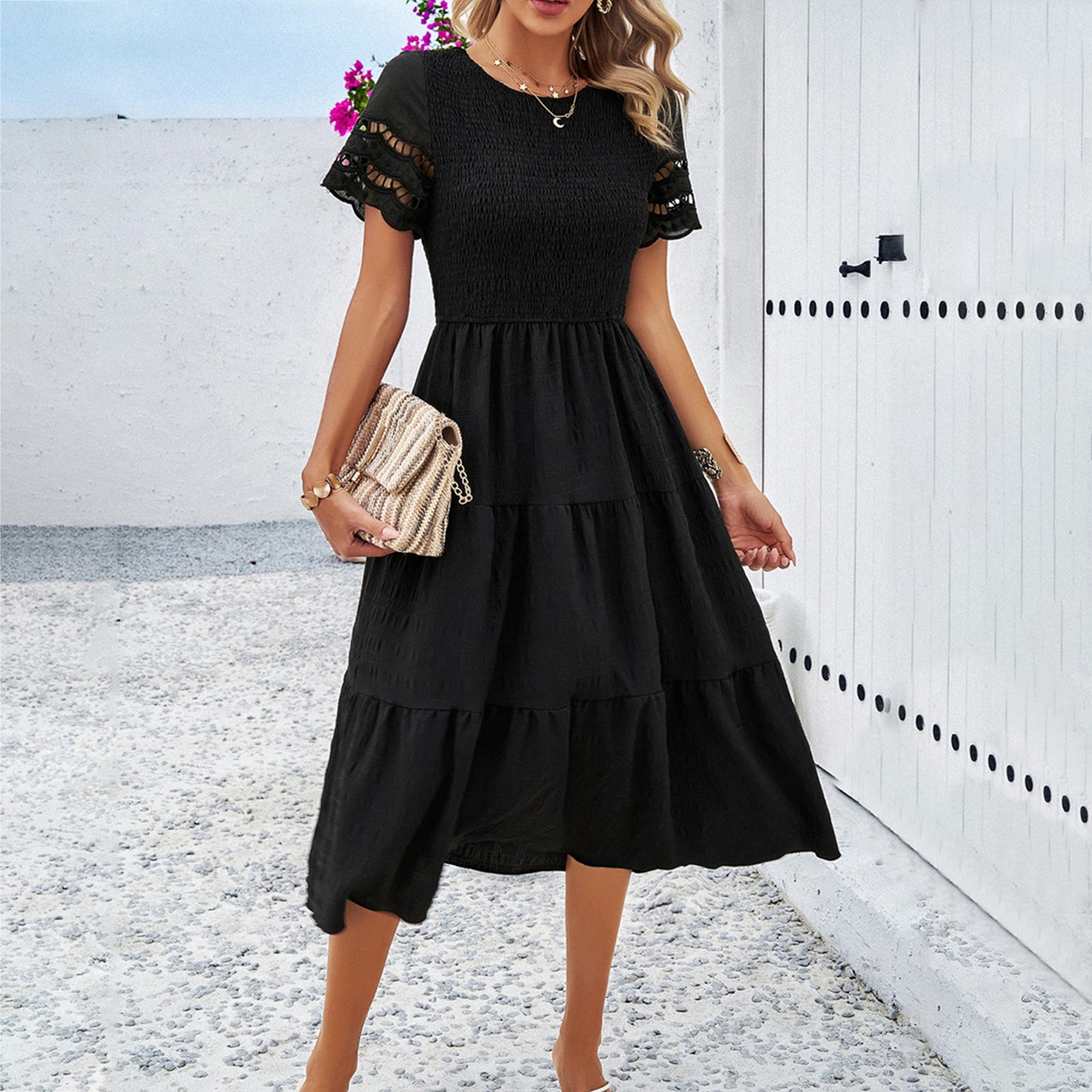 Solid-color elegant hollowed-out dress