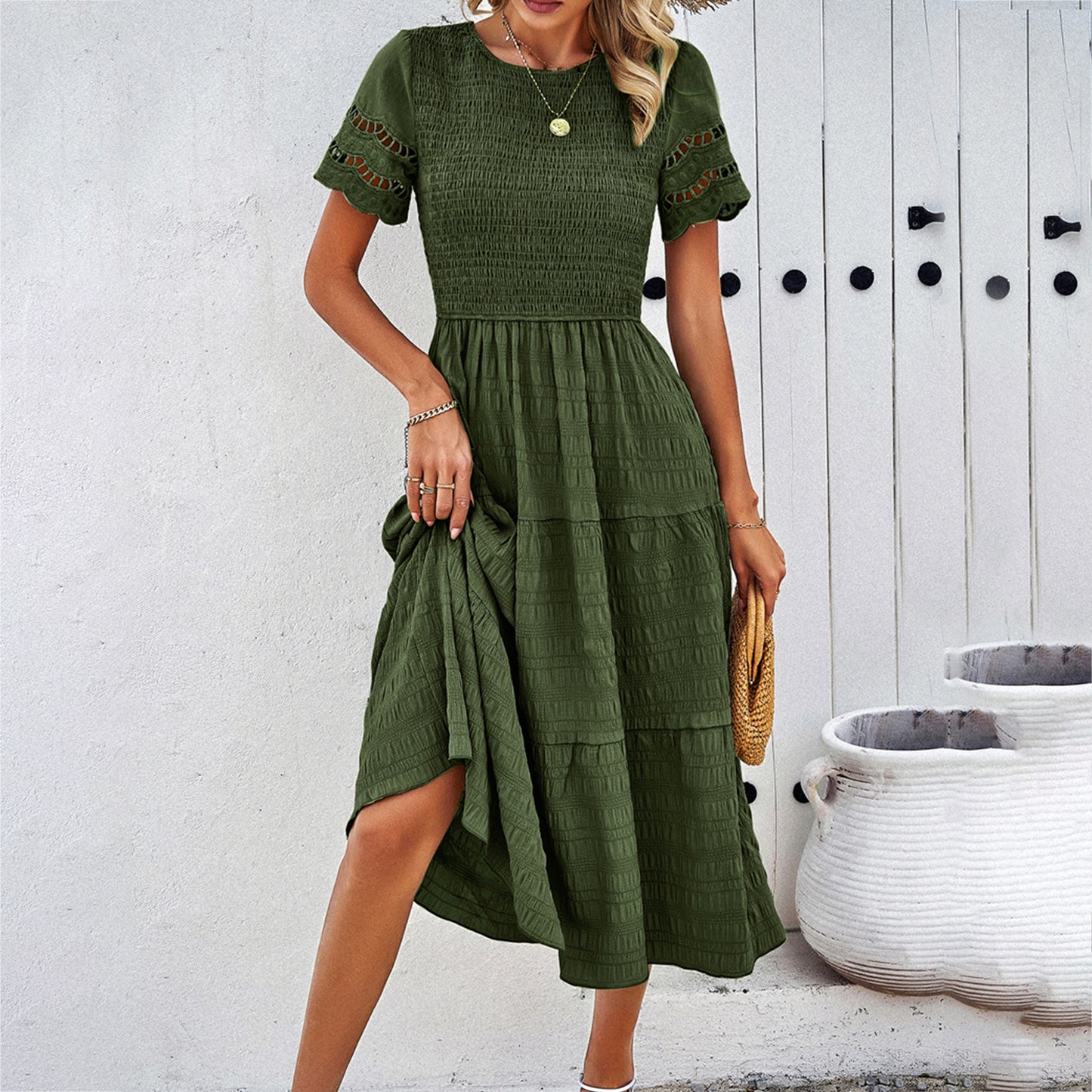 Solid-color elegant hollowed-out dress