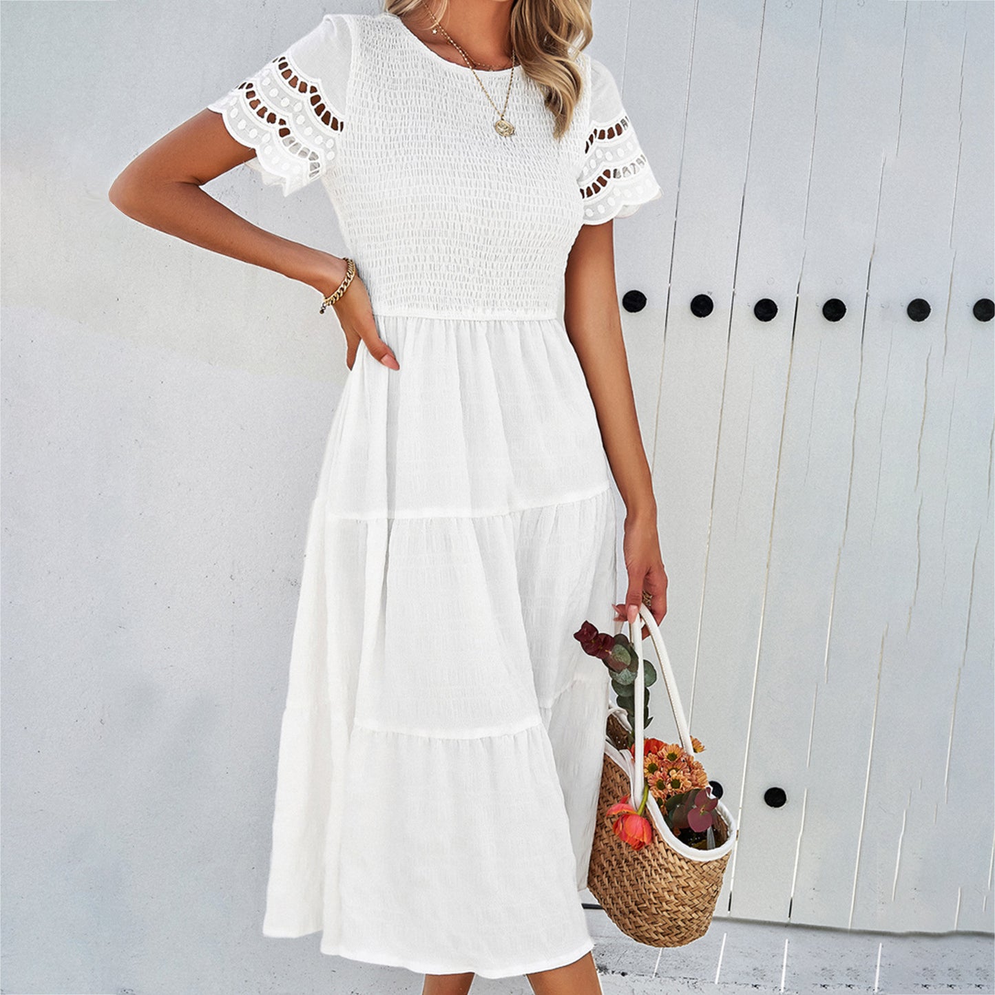 Solid-color elegant hollowed-out dress