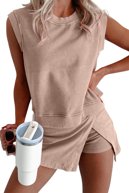 Solid color fashionable casual summer pure cotton short sleeve T-shirt and three-quarter pants two-piece set