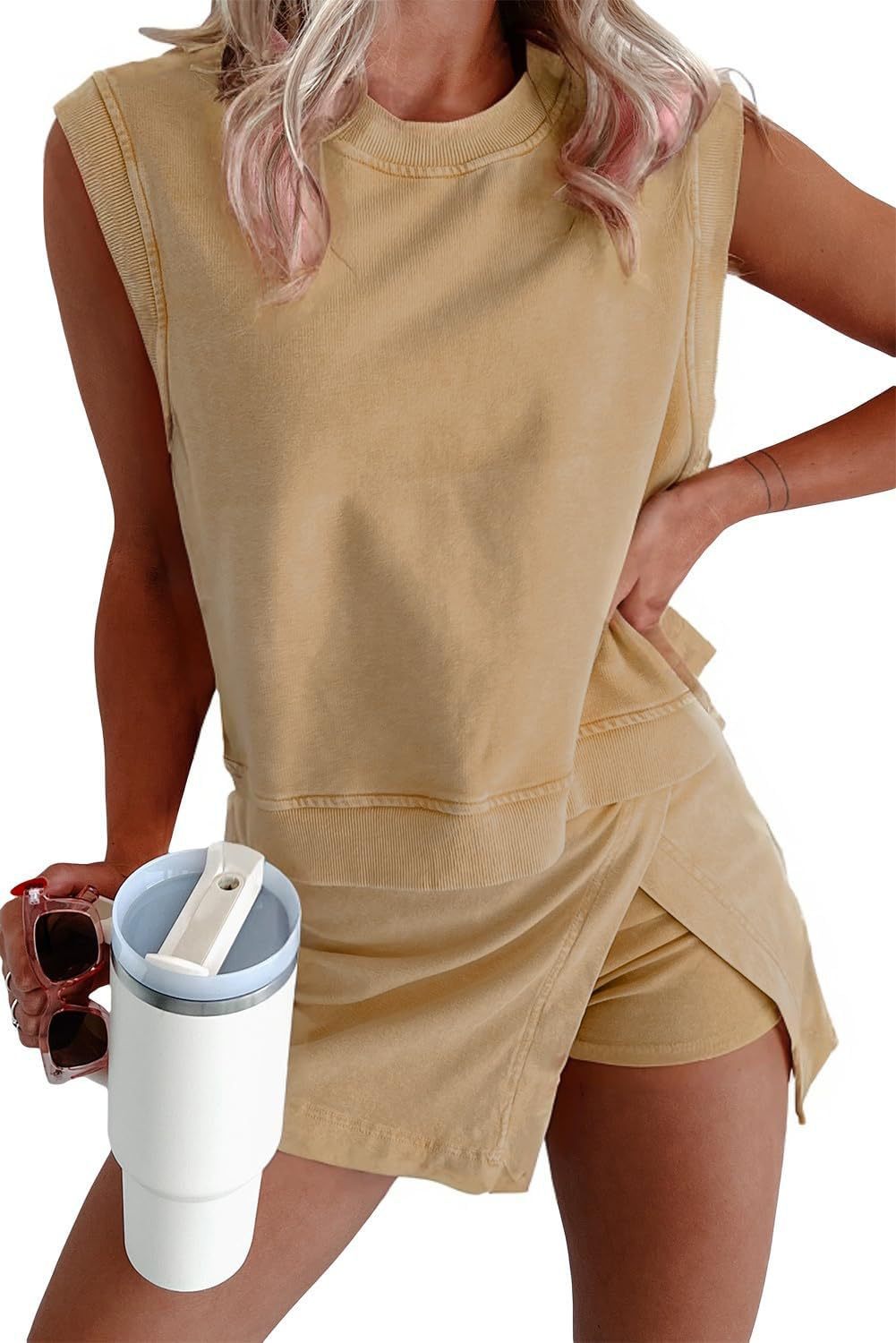 Solid color fashionable casual summer pure cotton short sleeve T-shirt and three-quarter pants two-piece set