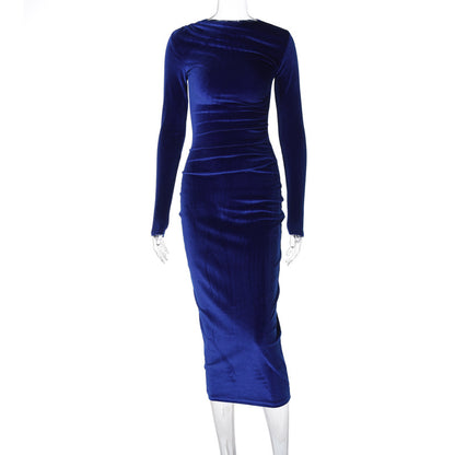 Solid-color fitted pleated round-neck long-sleeved dress