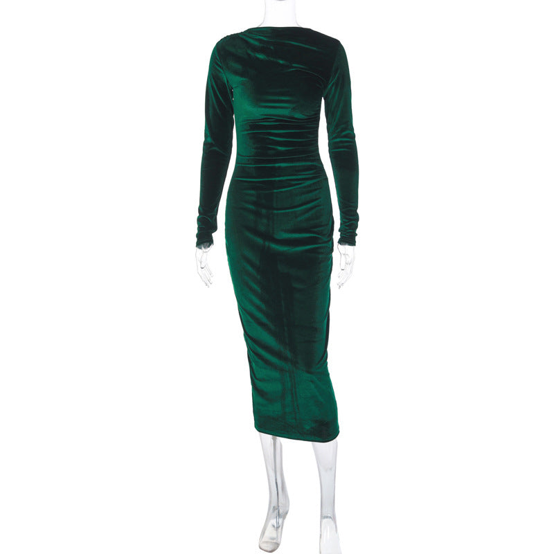 Solid-color fitted pleated round-neck long-sleeved dress