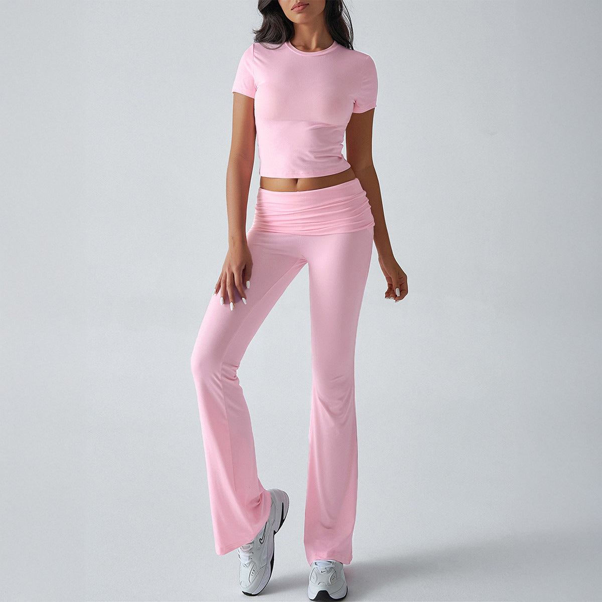 Solid-color fitted short-sleeved pants set