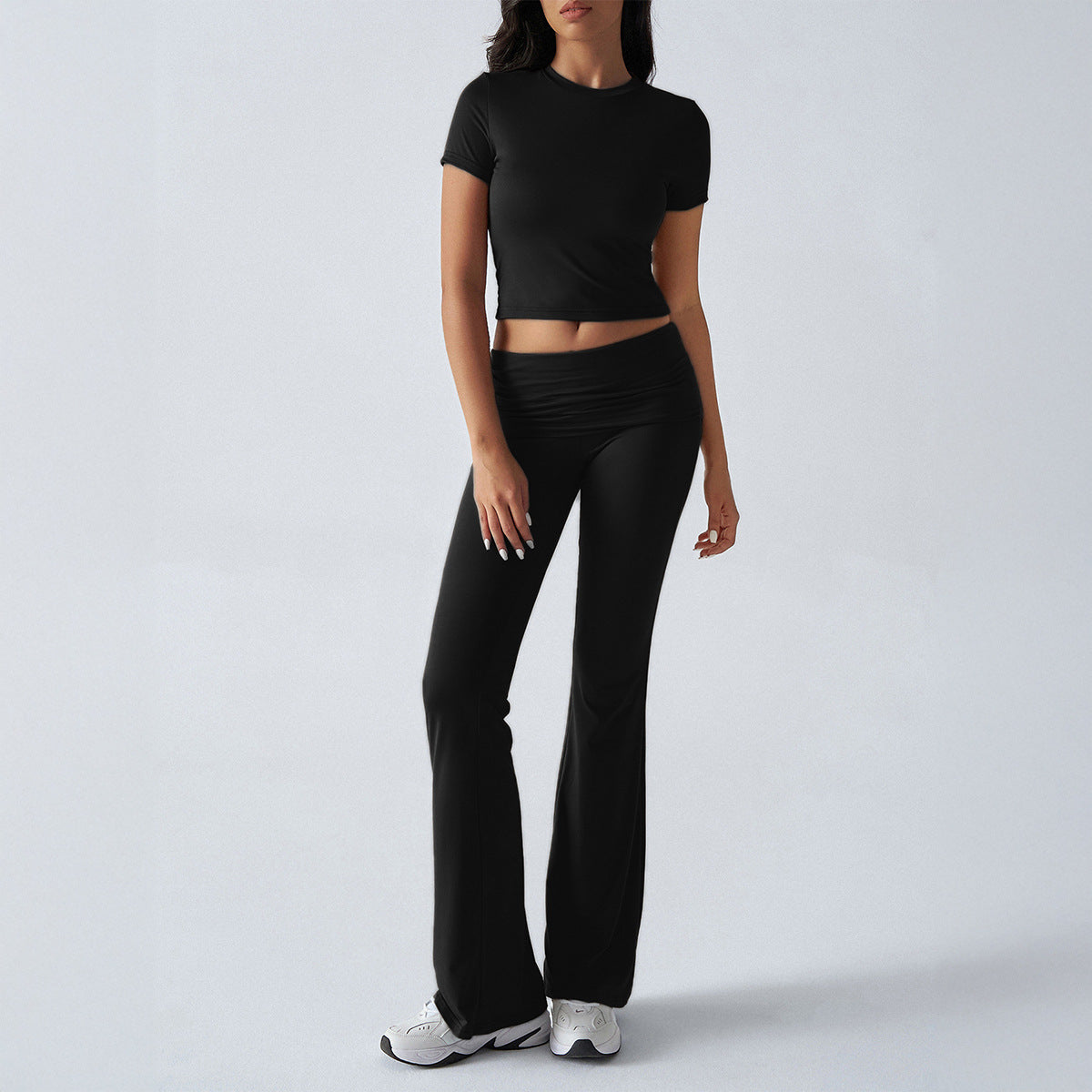 Solid-color fitted short-sleeved pants set