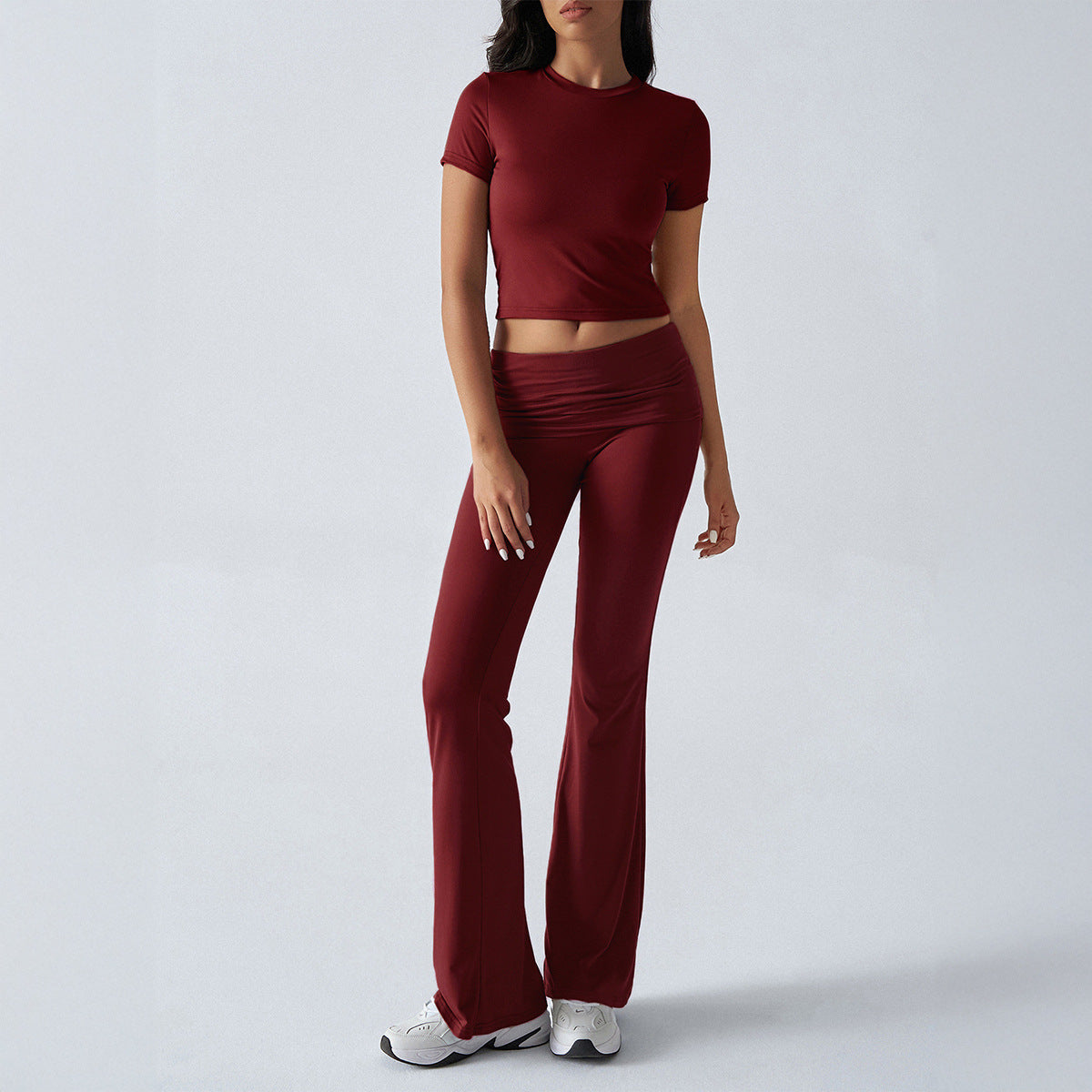 Solid-color fitted short-sleeved pants set