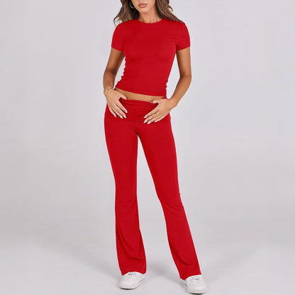 Solid-color fitted short-sleeved pants set