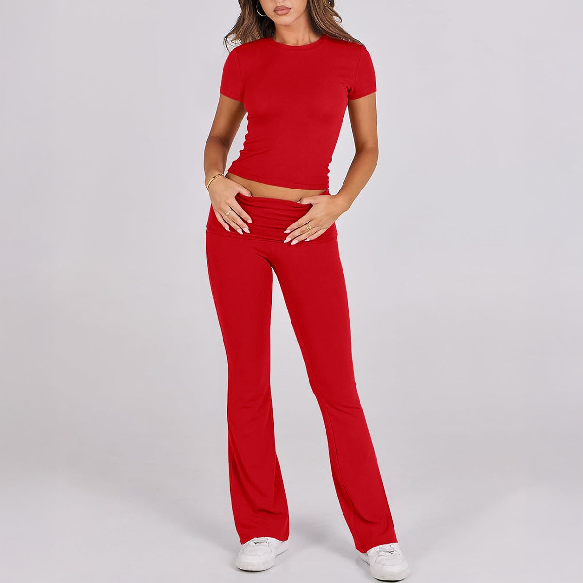 Solid-color fitted short-sleeved pants set