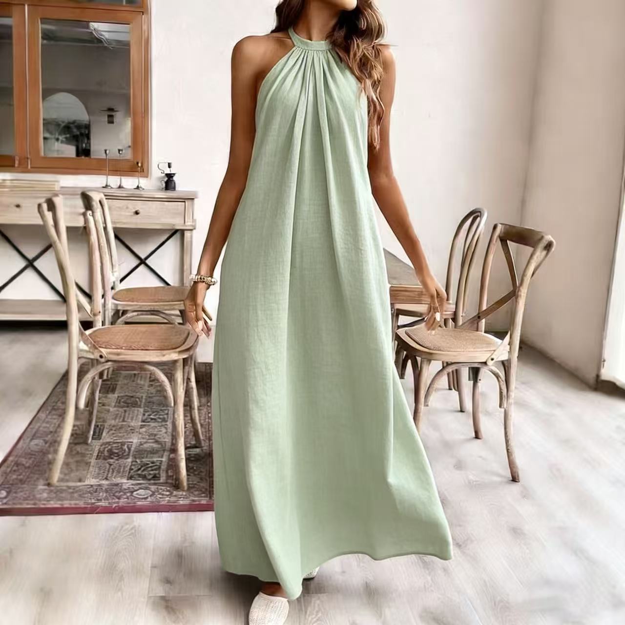 Solid Color Halter Neck Summer Dress