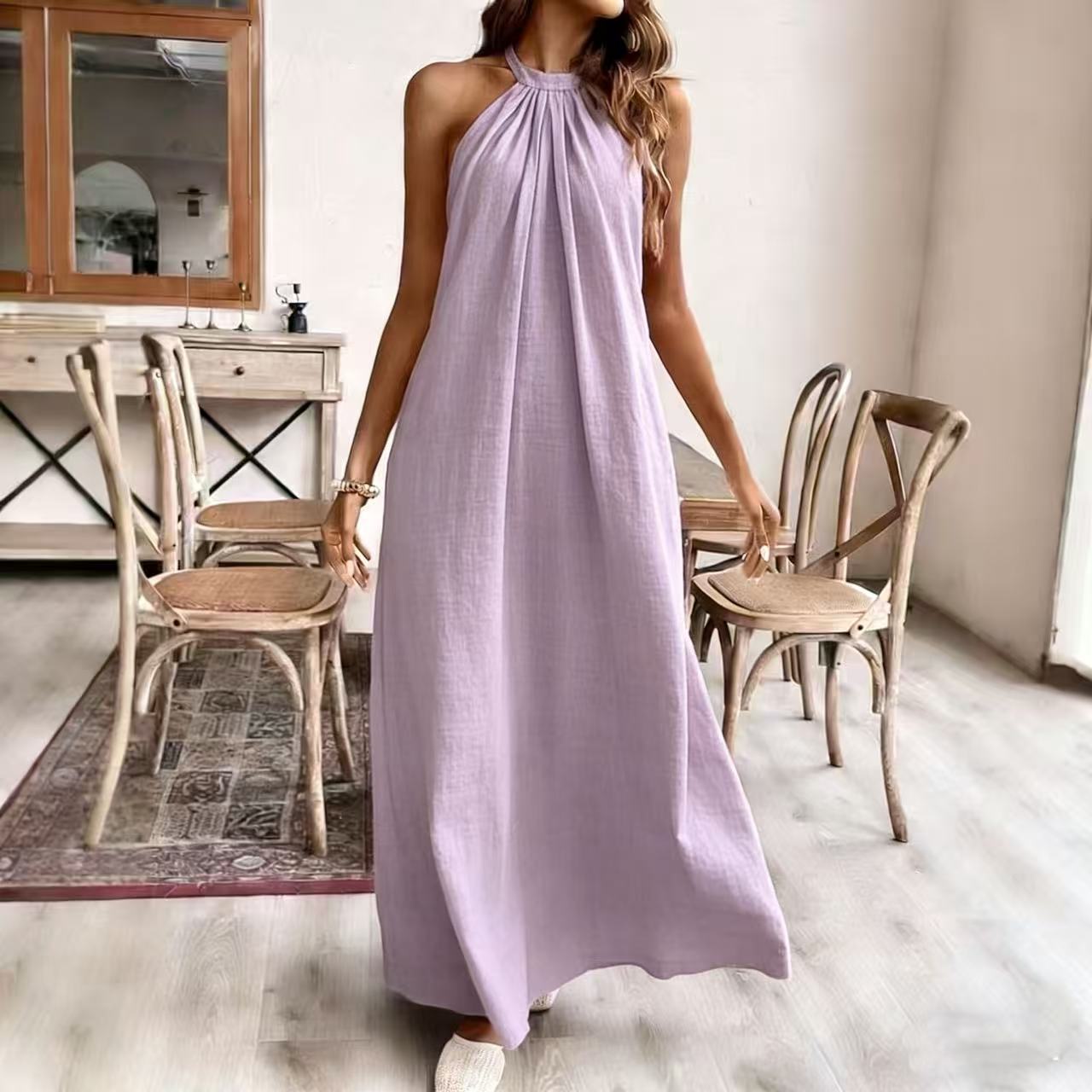 Solid Color Halter Neck Summer Dress