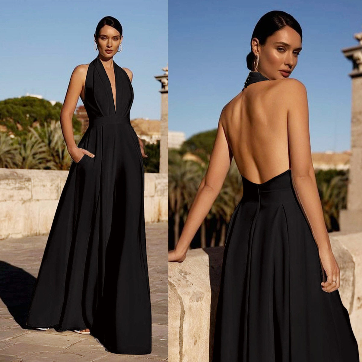 Solid-color halter waist-cinching wide-leg trousers