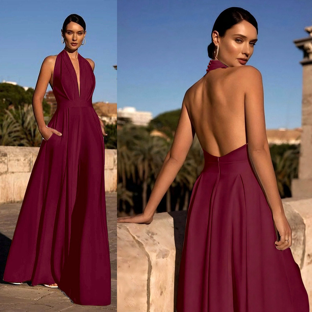 Solid-color halter waist-cinching wide-leg trousers