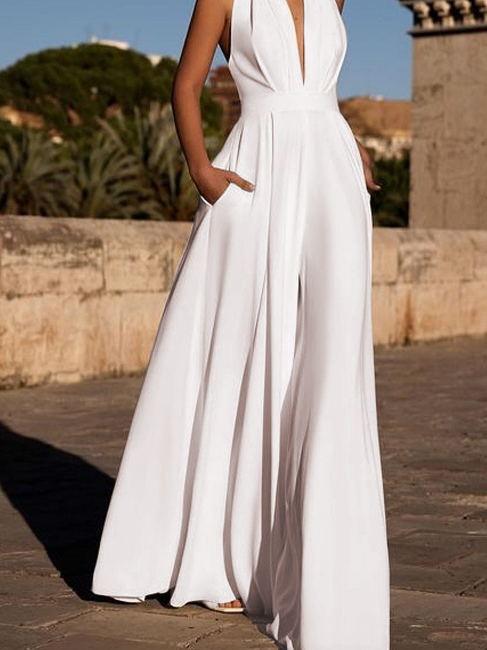 Solid-color halter waist-cinching wide-leg trousers