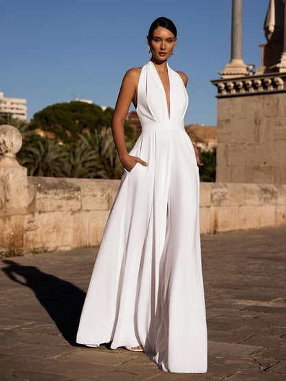Solid-color halter waist-cinching wide-leg trousers