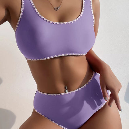 Solid Color High Waist Backless Bikini Swimsuit
