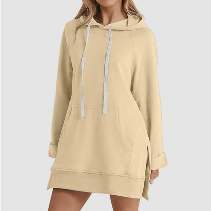 Solid-color hooded mid-length hoodie