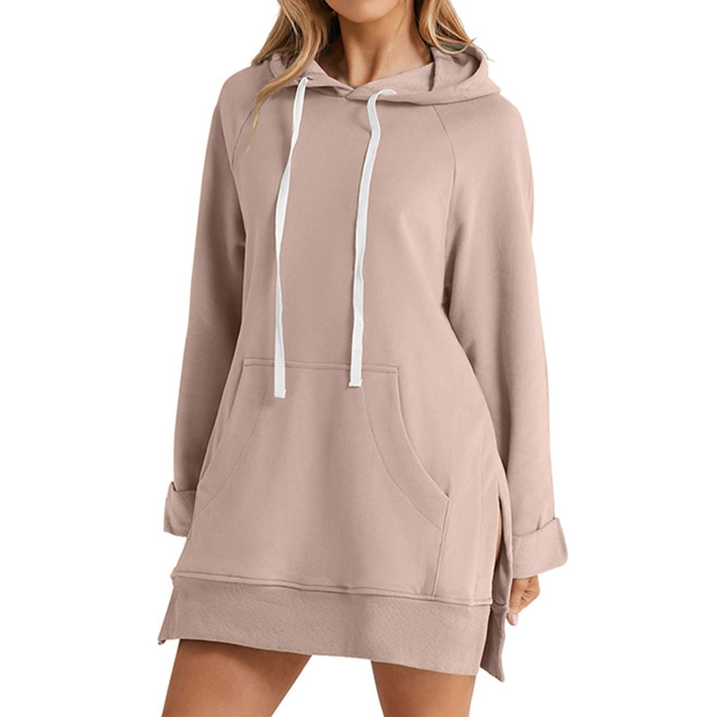 Solid-color hooded mid-length hoodie