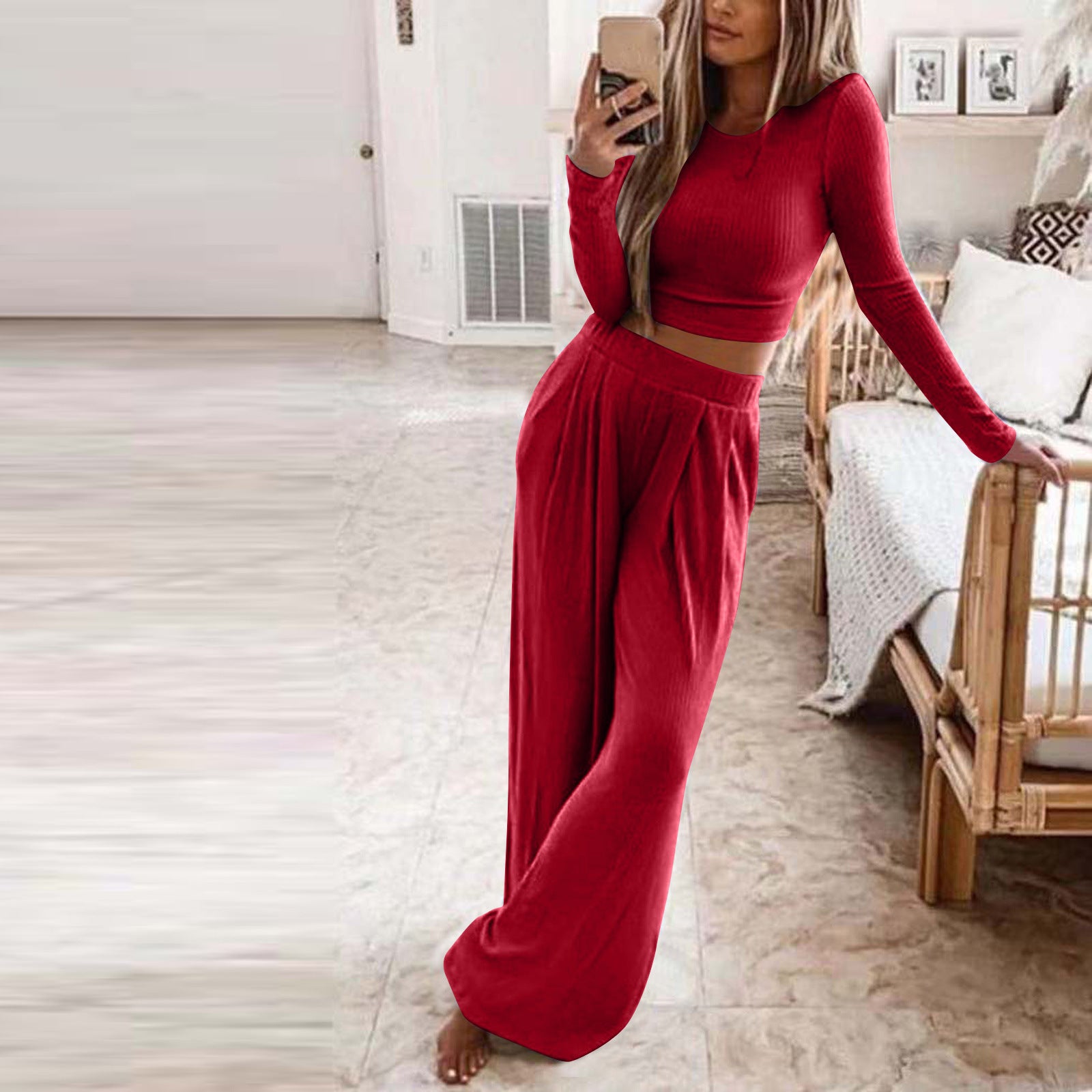 Solid color knitted two-piece suit women