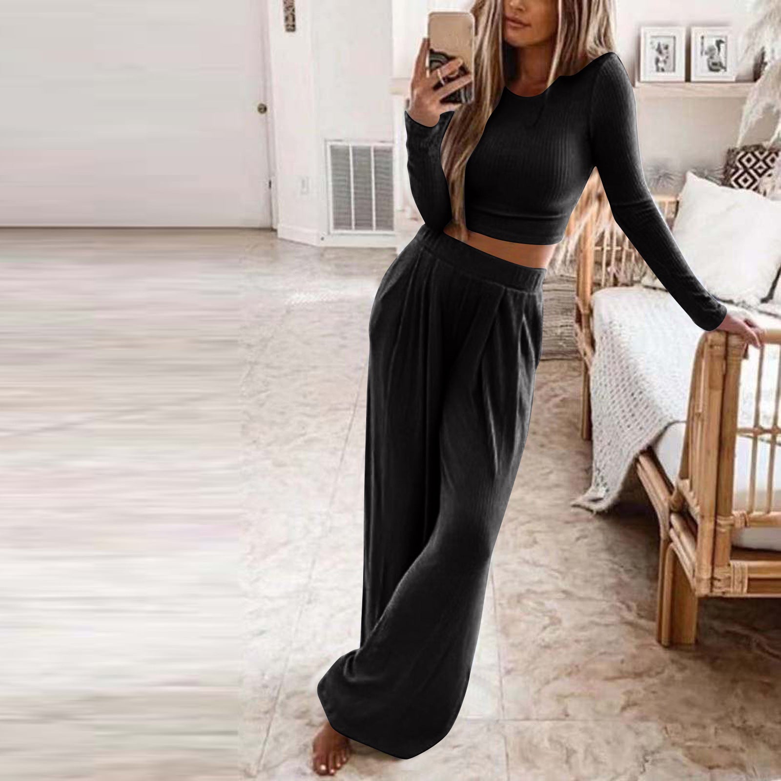 Solid color knitted two-piece suit women