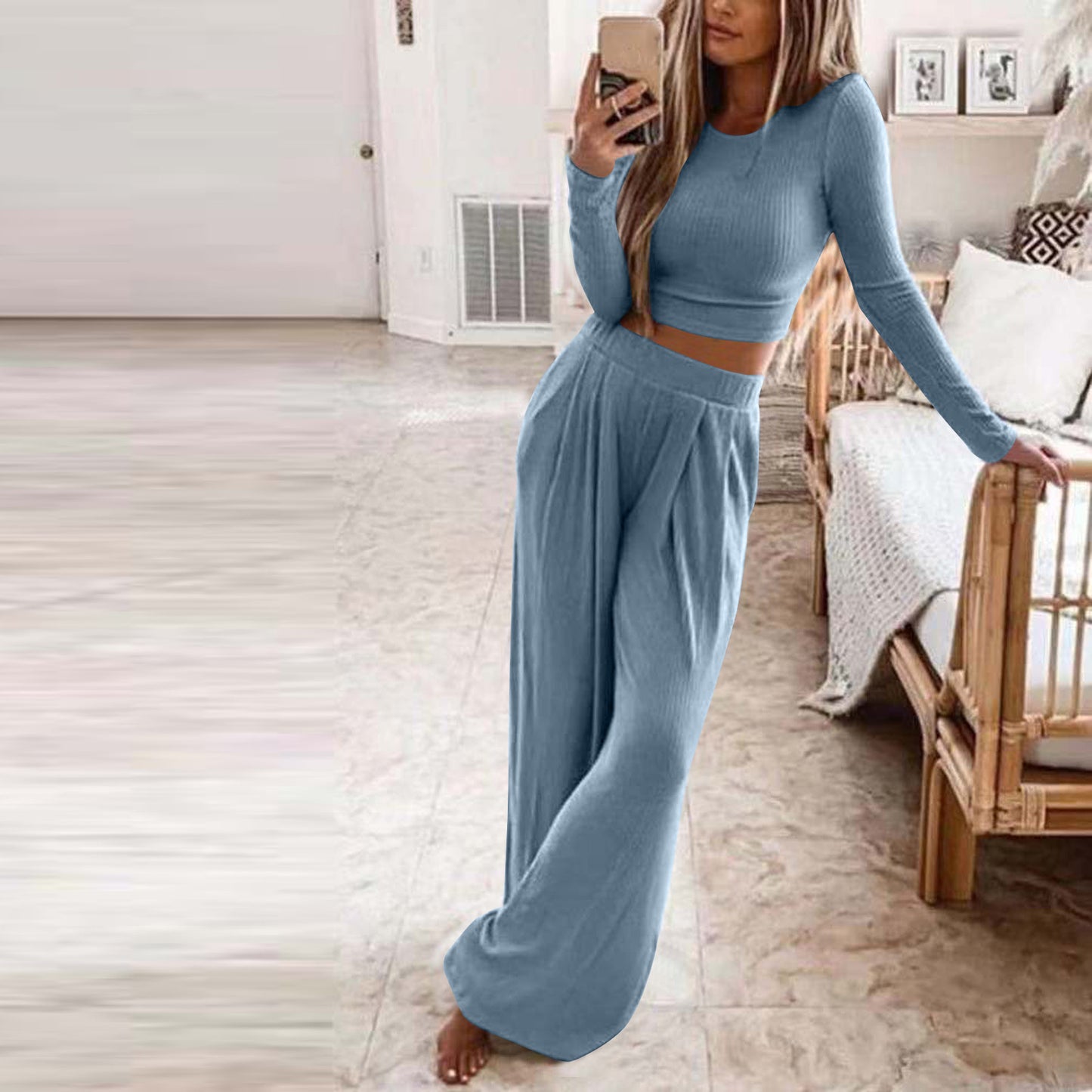 Solid color knitted two-piece suit women