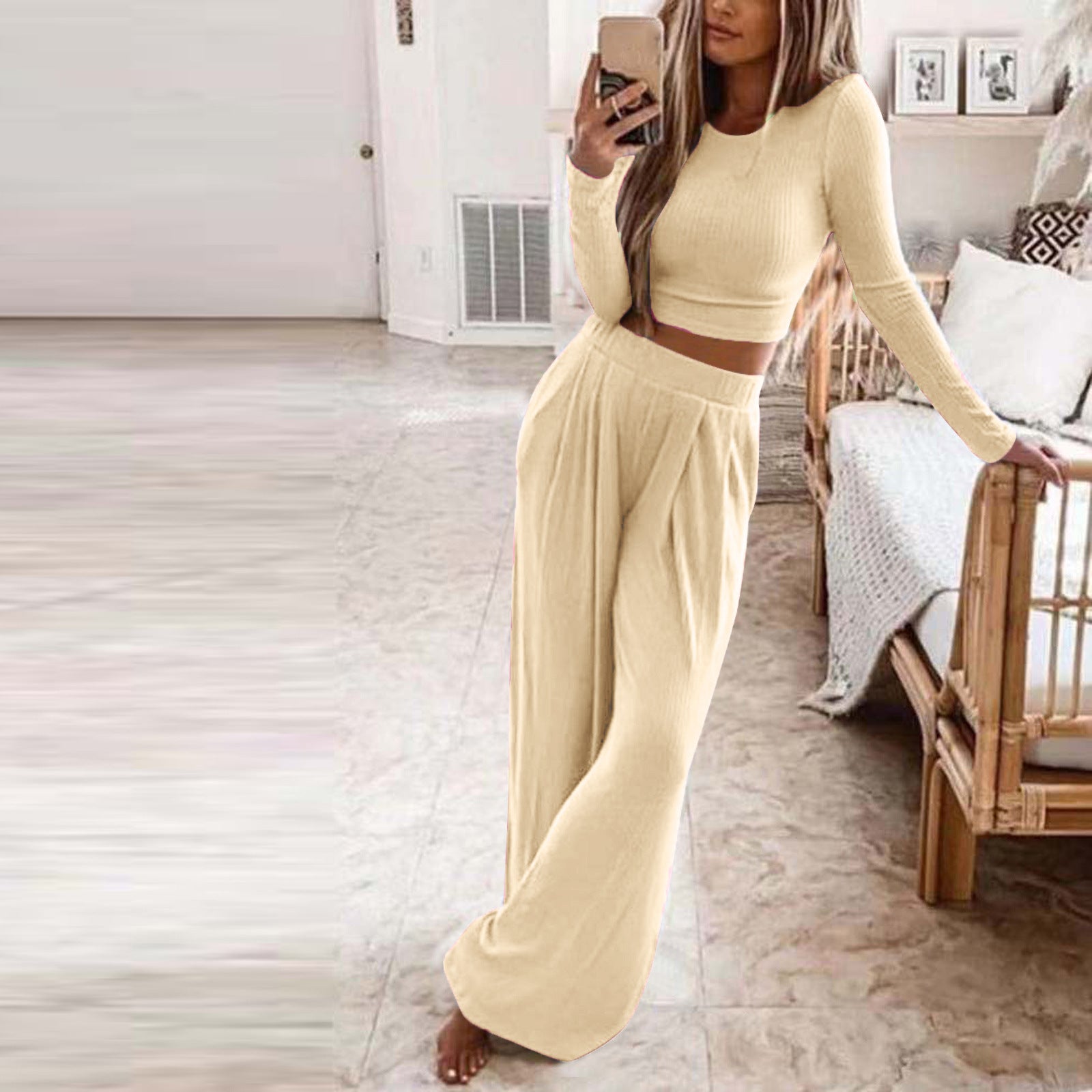 Solid color knitted two-piece suit women