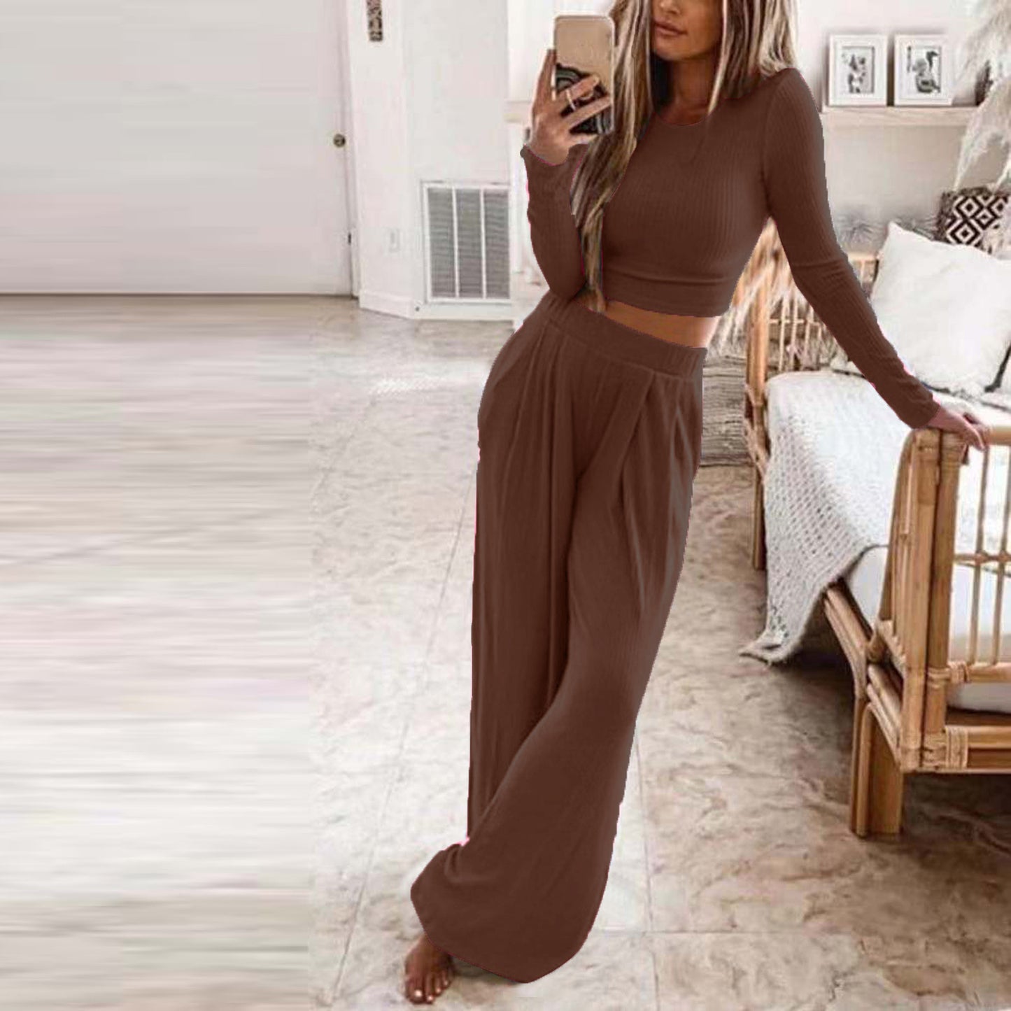 Solid color knitted two-piece suit women