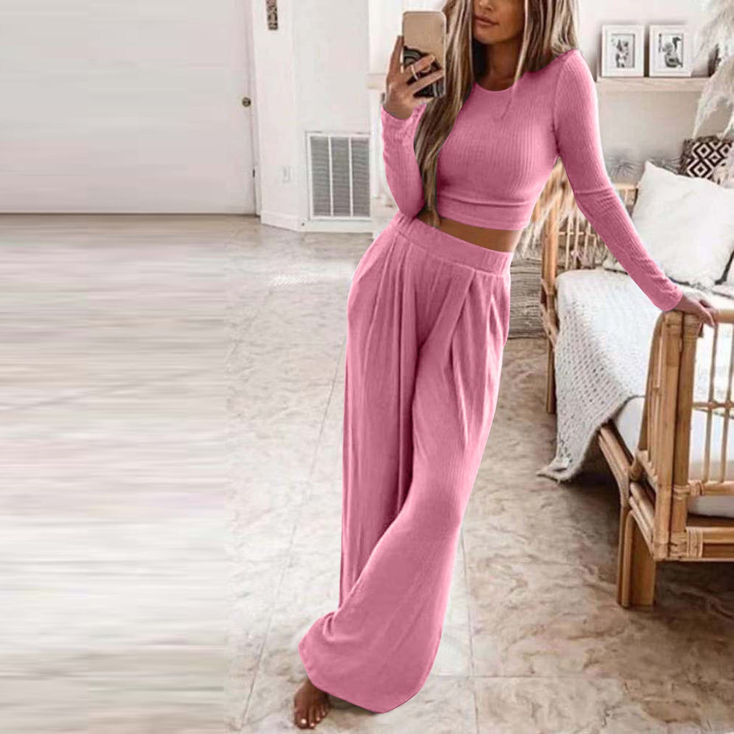 Solid color knitted two-piece suit women
