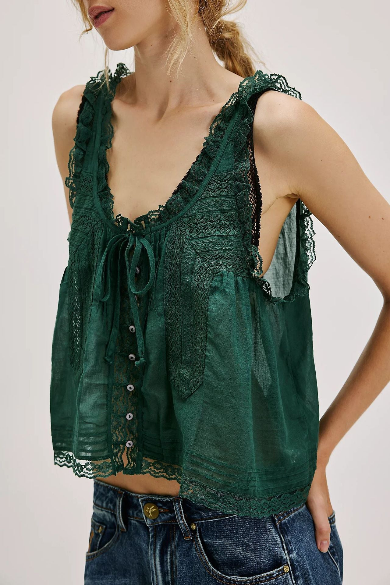 Solid color lace trim spliced small halter back