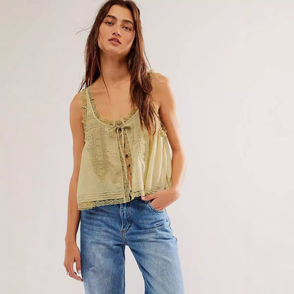 Solid color lace trim spliced small halter back