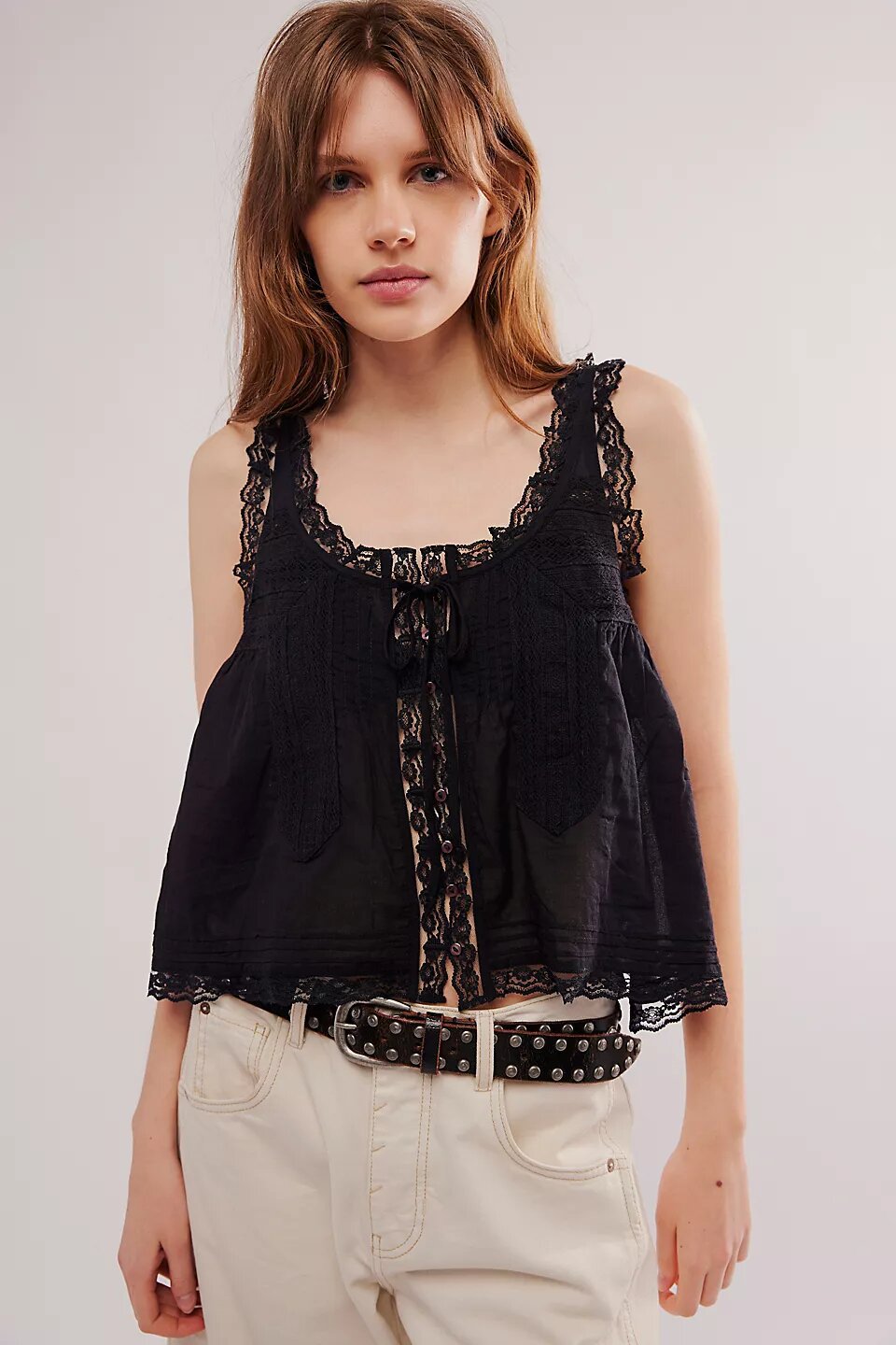 Solid color lace trim spliced small halter back