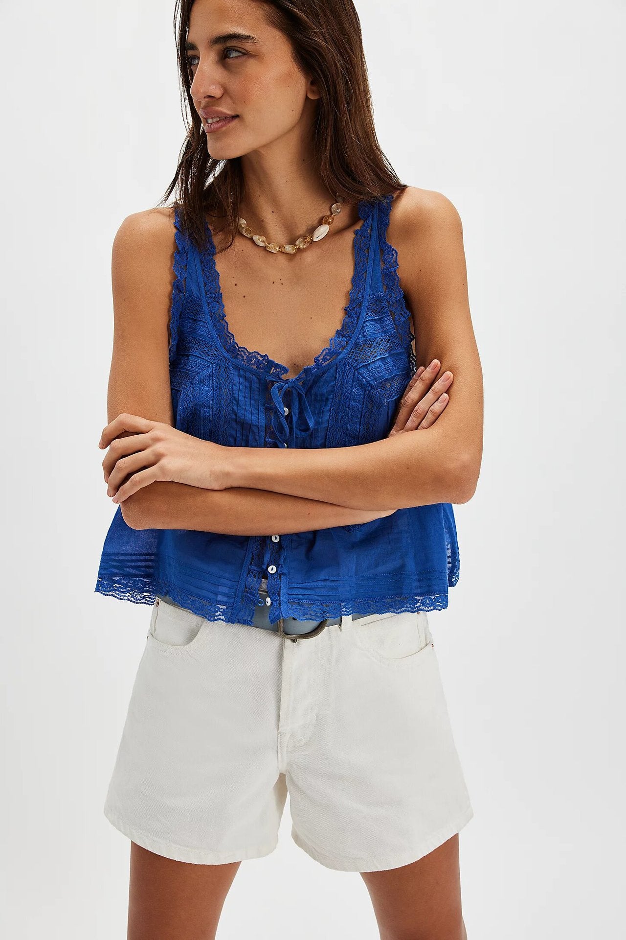 Solid color lace trim spliced small halter back