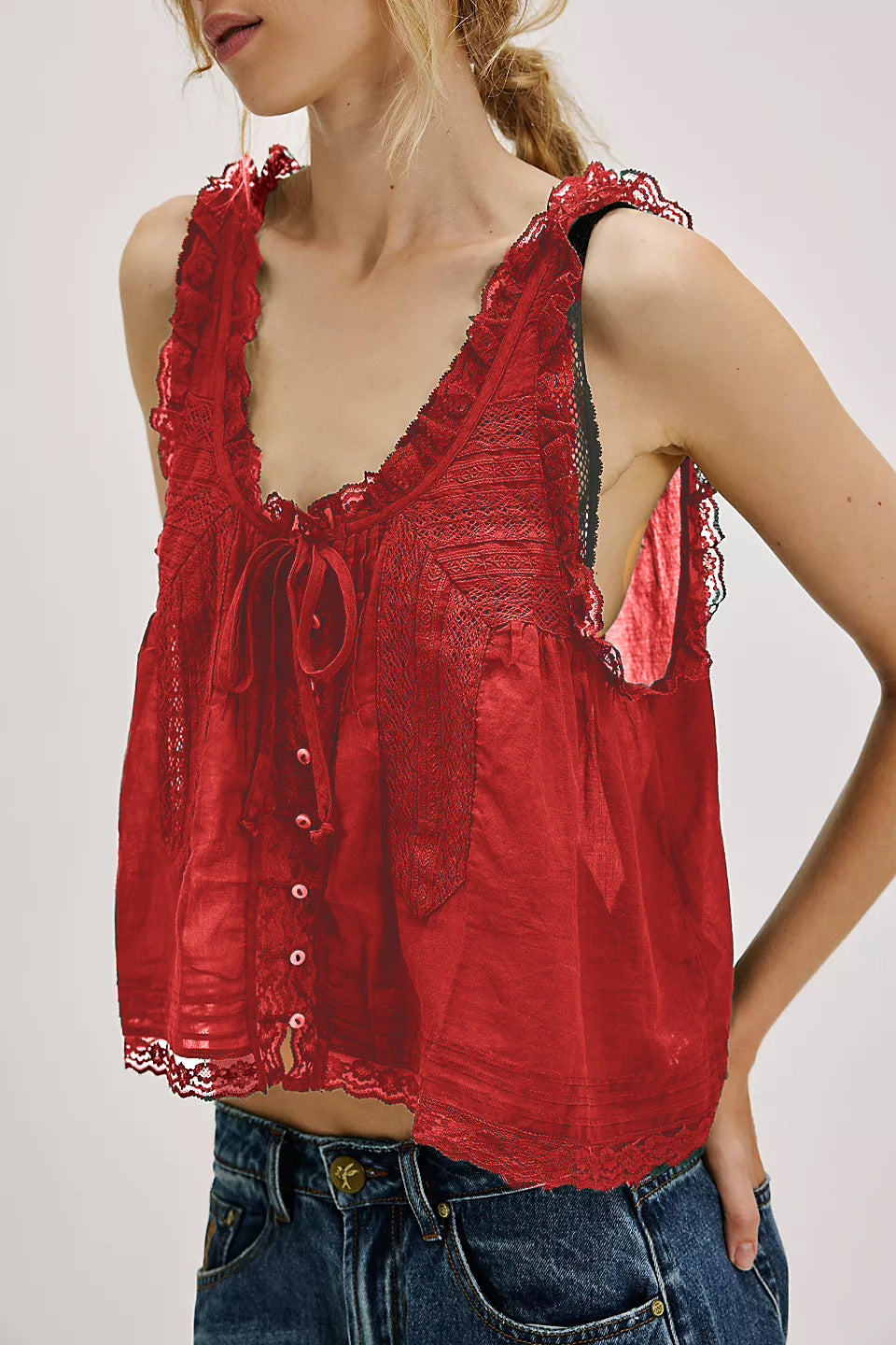 Solid color lace trim spliced small halter back