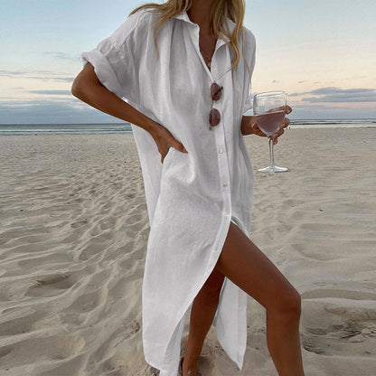 Solid Color Long Sleeve Cotton Linen A-Line Dress