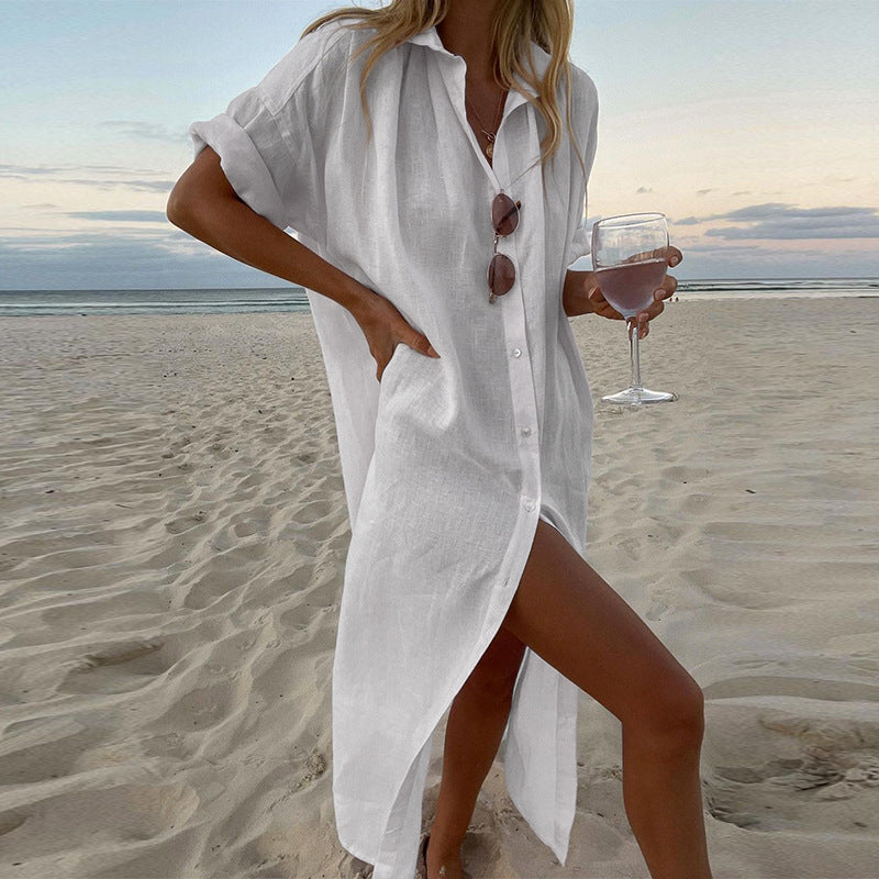 Solid Color Long Sleeve Cotton Linen A-Line Dress