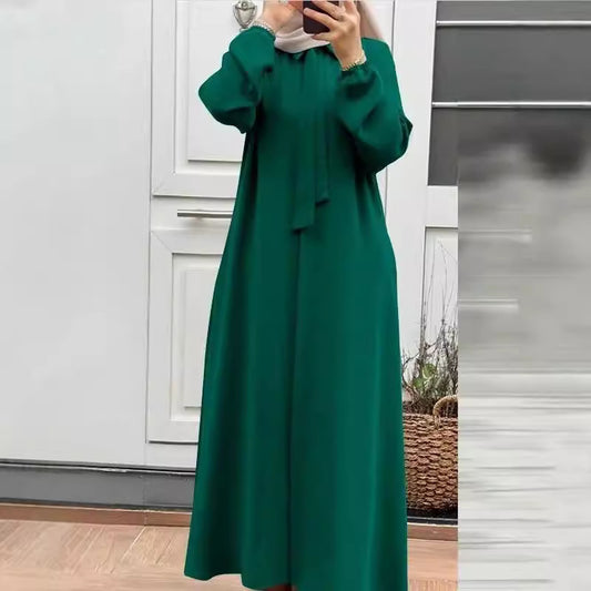 Solid-color long-sleeved blouse dress