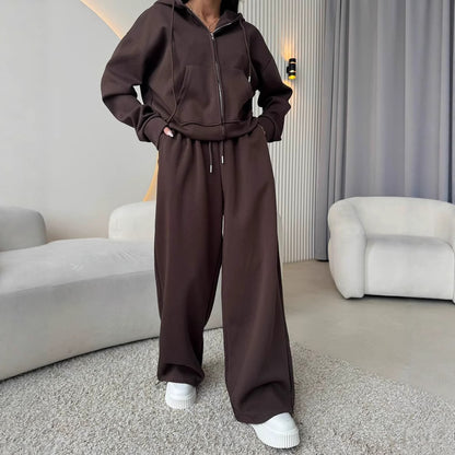 Solid color long-sleeved hooded sweatshirt with drawstring pants