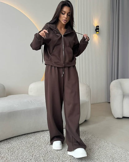 Solid color long-sleeved hooded sweatshirt with drawstring pants