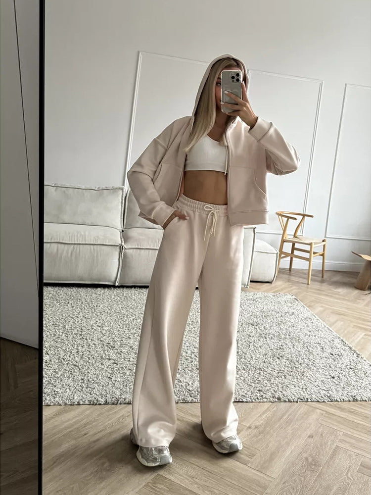 Solid color long-sleeved hooded sweatshirt with drawstring pants