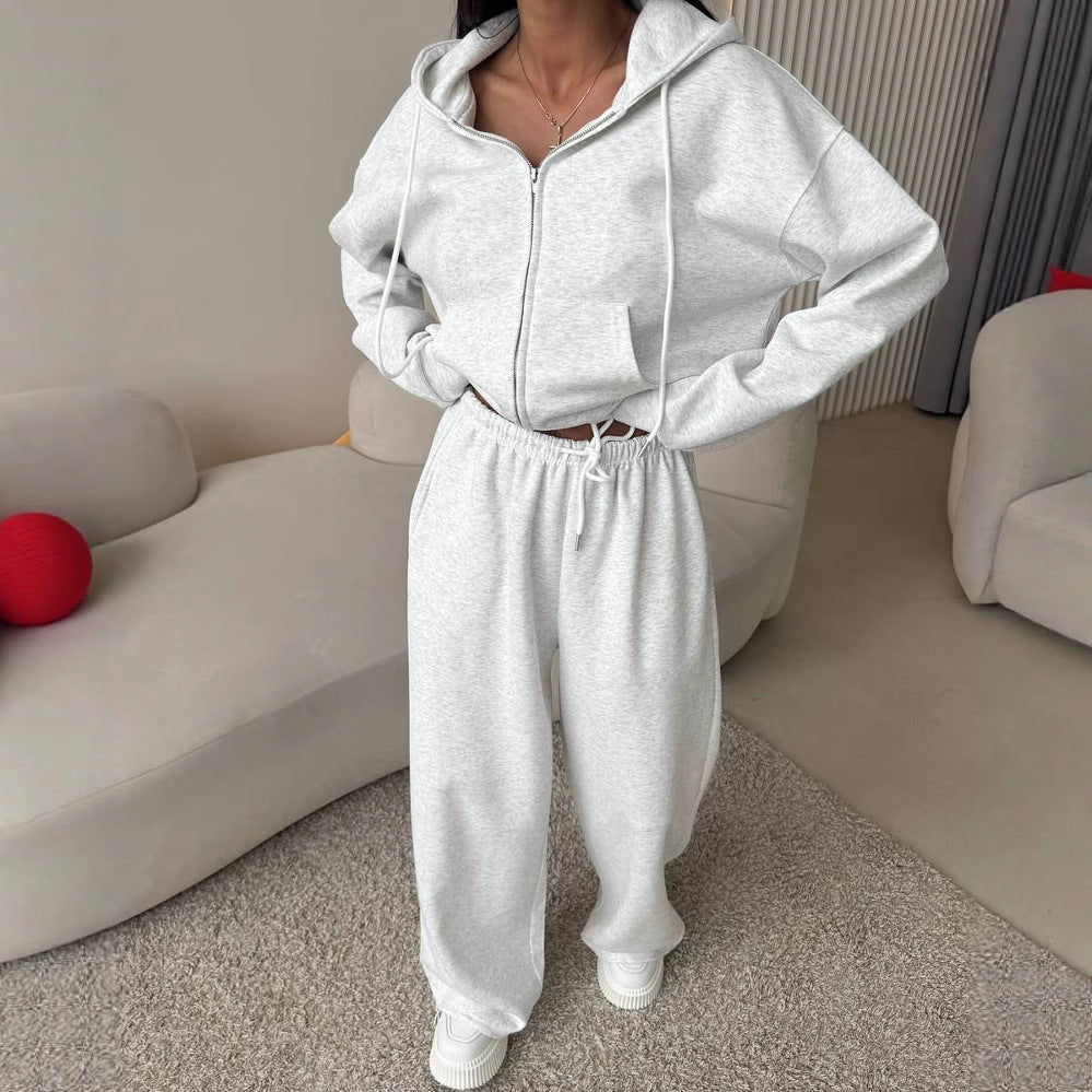 Solid color long-sleeved hooded sweatshirt with drawstring pants