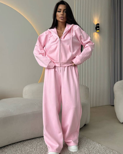 Solid color long-sleeved hooded sweatshirt with drawstring pants