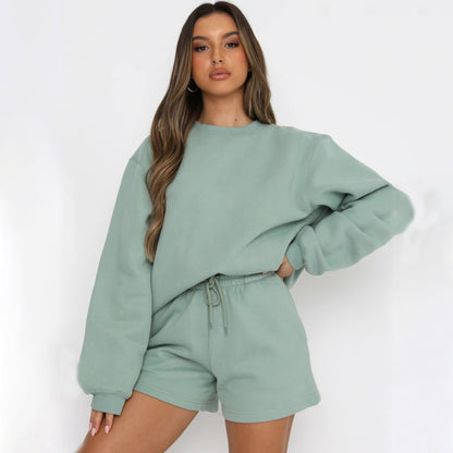 Solid Color Loose Easiest for Match Casual Round Neck Sweatshirt Shorts Set