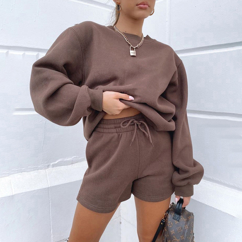 Solid Color Loose Easiest for Match Casual Round Neck Sweatshirt Shorts Set