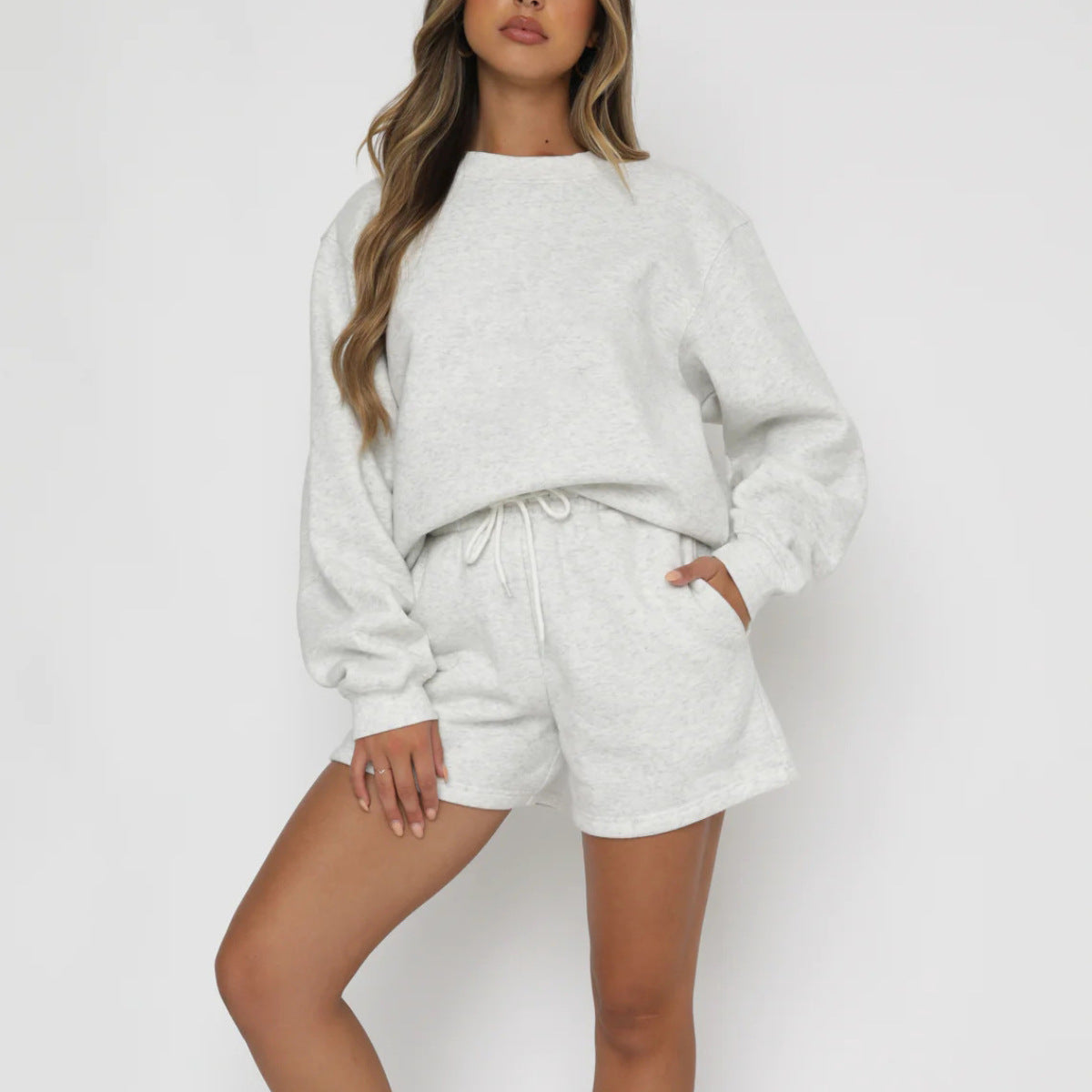 Solid Color Loose Easiest for Match Casual Round Neck Sweatshirt Shorts Set