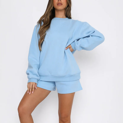 Solid Color Loose Easiest for Match Casual Round Neck Sweatshirt Shorts Set
