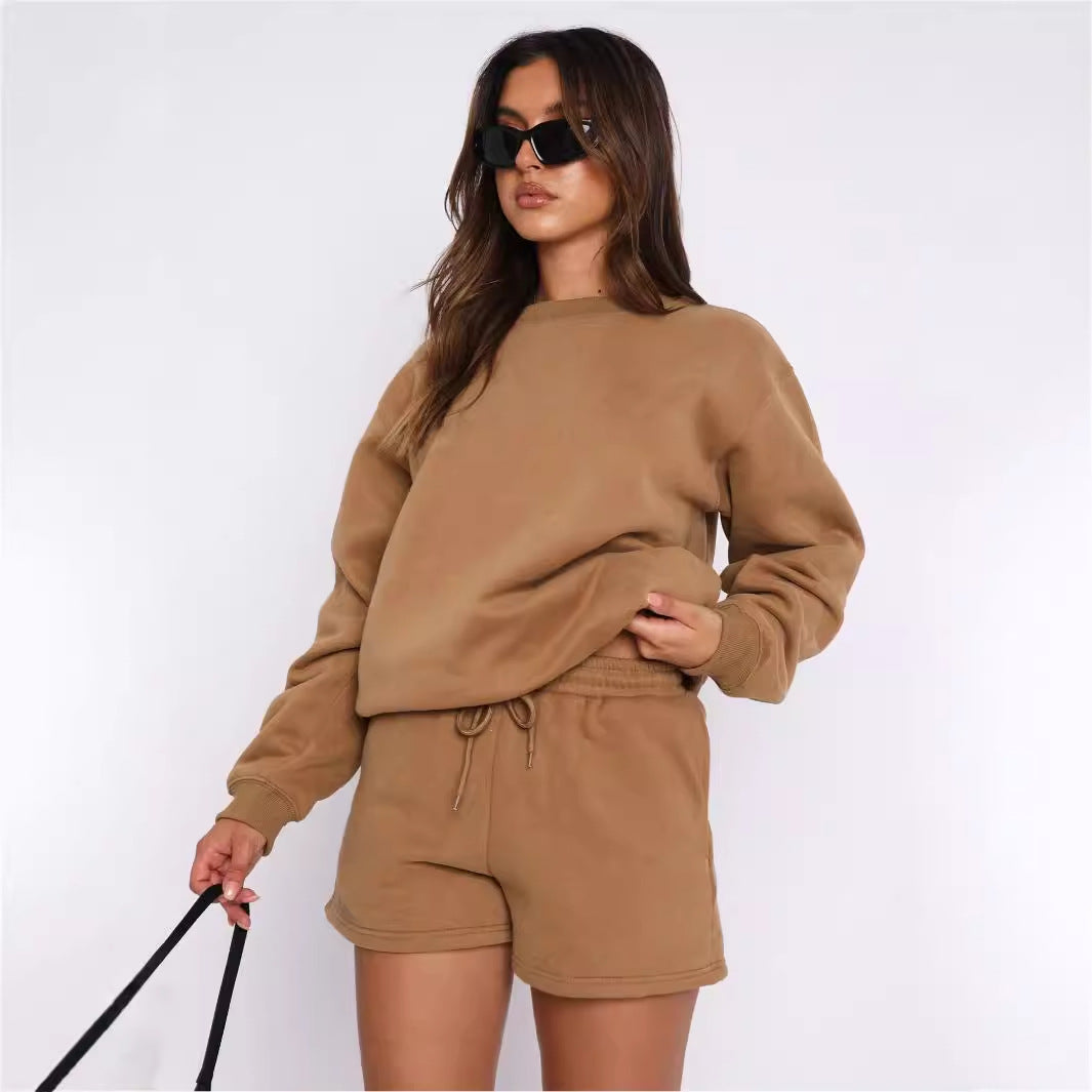 Solid Color Loose Easiest for Match Casual Round Neck Sweatshirt Shorts Set
