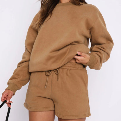 Solid Color Loose Easiest for Match Casual Round Neck Sweatshirt Shorts Set