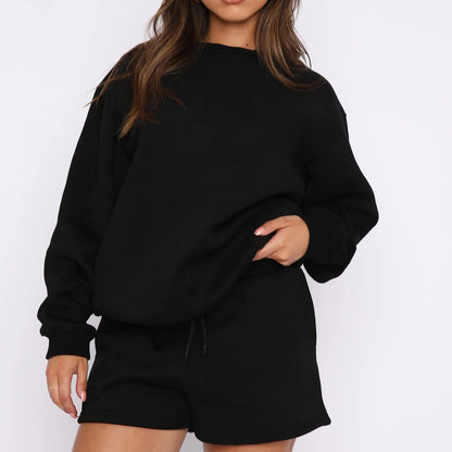 Solid Color Loose Easiest for Match Casual Round Neck Sweatshirt Shorts Set
